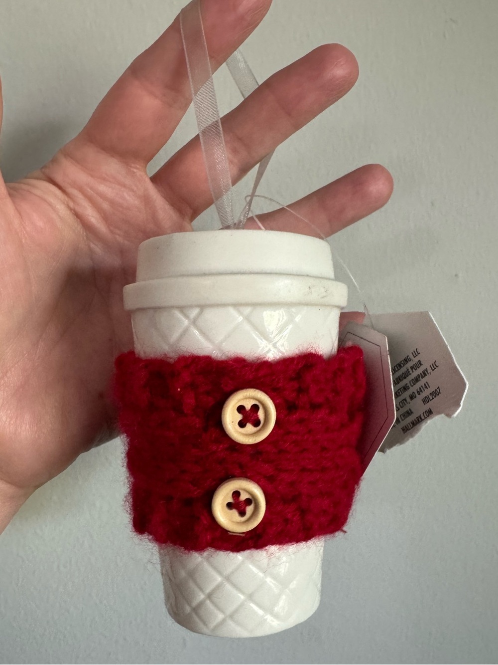 NWT Hallmark Coffee To-Go Cup Christmas Ornament with a Red Knit Cozy